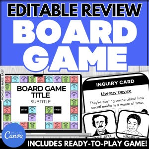 Peut inclure: Un modèle de jeu de société numérique avec les mots "Editable Review Board Game" dans une bannière bleue. Le jeu comprend un écran d'ordinateur portable affichant un plateau de jeu, des cartes de questions et des illustrations d'Edgar Allan Poe et Maya Angelou.