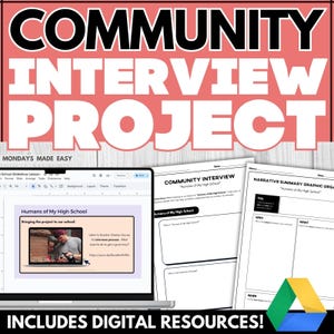 Op de afbeelding: Een digitale educatieve bron met de titel "Community Interview Project" met een roze en witte achtergrond. De afbeelding bevat een laptop met een diavoorstelling, werkbladen en de tekst "Includes Digital Resources!"