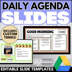 May include: A digital presentation template titled "Daily Agenda Slides" with the text "Includes Custom Timers!" and "Editable Slide Templates." The presentation includes a laptop and a desktop computer displaying agenda slides with the time 10:00.