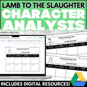 May include: A digital character analysis worksheet for the short story "Lamb to the Slaughter" by Roald Dahl. The worksheet includes sections for quotations, characterization, descriptions, and analysis. The title "Lamb to the Slaughter Character Analysis" is displayed in large, green text.