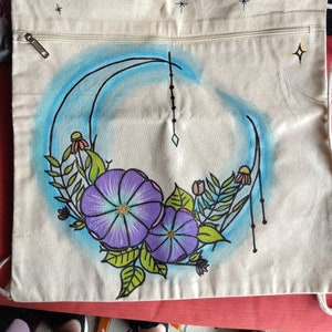 Moon Flower backpack - Boho backpack - handpainted moon flower tote - Crescent Moon