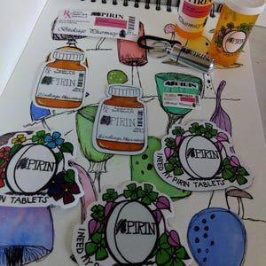 all the Pirin items I offer - 2 pill stickers, 1 pill magnet, 1 bottle sticker and magnet, 1 label sticker, 3 bottles.