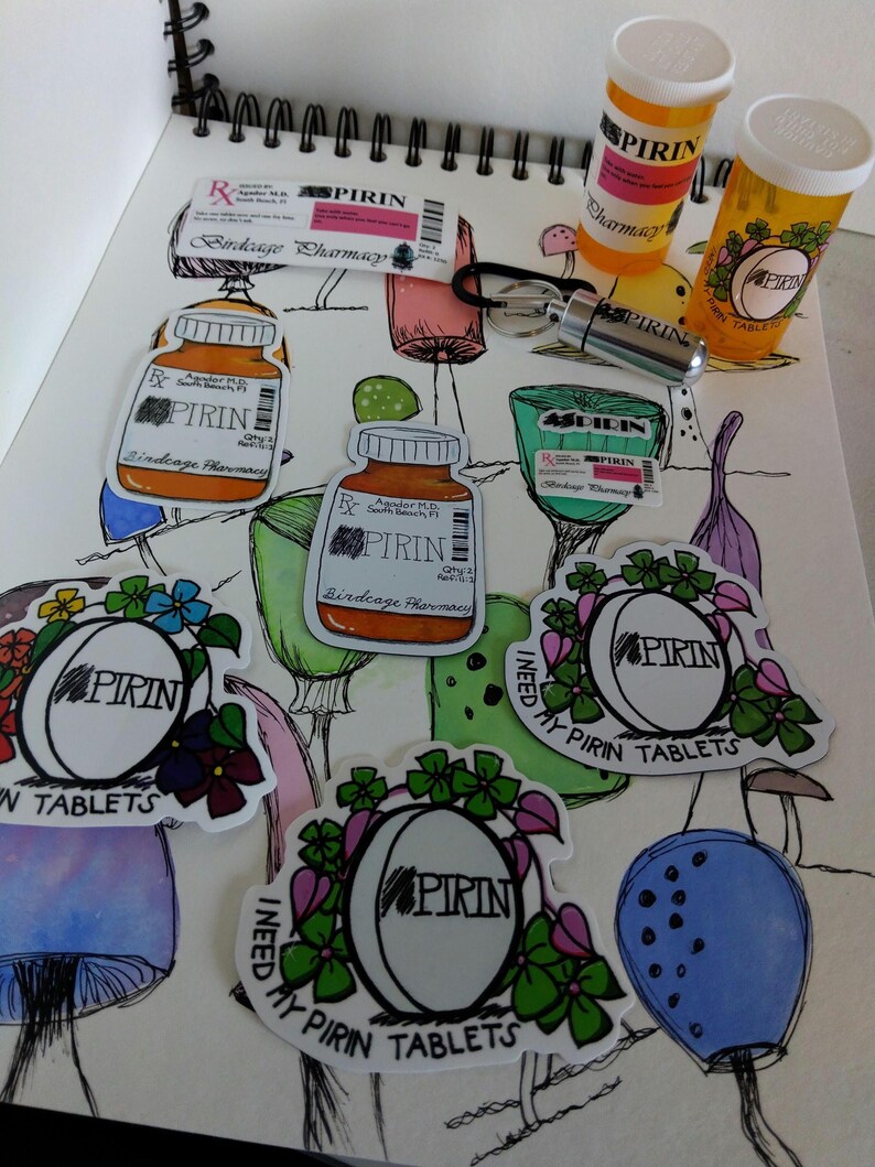 all the Pirin items I offer - 2 pill stickers, 1 pill magnet, 1 bottle sticker and magnet, 1 label sticker, 3 bottles.