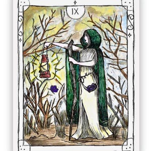 May include: Tarot card illustration featuring a robed figure holding a lantern and staff, set against a backdrop of bare trees. The figure wears a green cloak and a cream-colored dress. The card is framed with a decorative border and the Roman numeral IX.