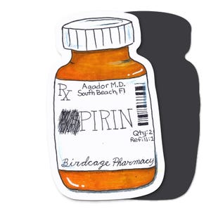 May include: A hand-drawn illustration of a prescription bottle labeled "Aspirin" with the doctor's name, address, and pharmacy information. The bottle is orange and white with a black label.