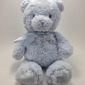 May include: A light blue plush teddy bear with soft, shaggy fur, a satin ribbon tied around its neck, and a matching satin nose. The bear features embroidered text on its right foot pad that reads "my first teddy" in a dark blue thread.