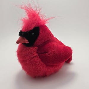 Può includere: Un giocattolo di peluche a forma di cardinale. L'uccello è principalmente rosso, con la faccia nera e il becco rosso. Il cardinale ha un aspetto soffice e strutturato, con una cresta di piume rosse sulla testa.