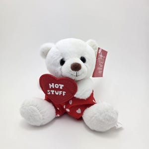 Russ Plush Adorable White Bear Holding &quot;Hot Stuff&quot; Heart (5 inch)