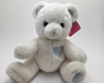 Russ "Squeakums" the White Teddy Bear Plush Blue Heart Vintage Rare (10 inch)