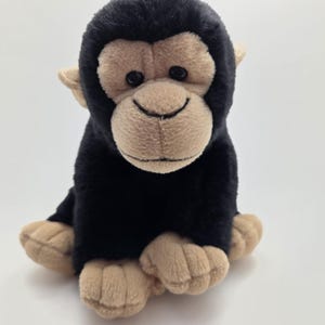 Può includere: Un peluche di scimpanzé con pelliccia nera e viso, orecchie, mani e piedi color beige. L'animale di peluche ha un'espressione sorridente ed è seduto in posizione eretta. Il giocattolo è progettato per i bambini.