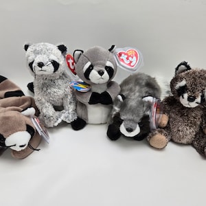 Puede incluir: Cuatro peluches de mapache con etiquetas Ty. Los mapaches son grises, marrones y blancos. Todos están sentados o tumbados.