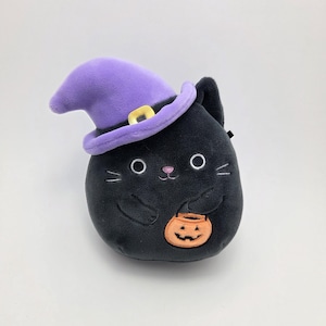 May include: A black plush cat wearing a purple witch hat and holding a small orange pumpkin. The cat has black eyes and a pink nose.