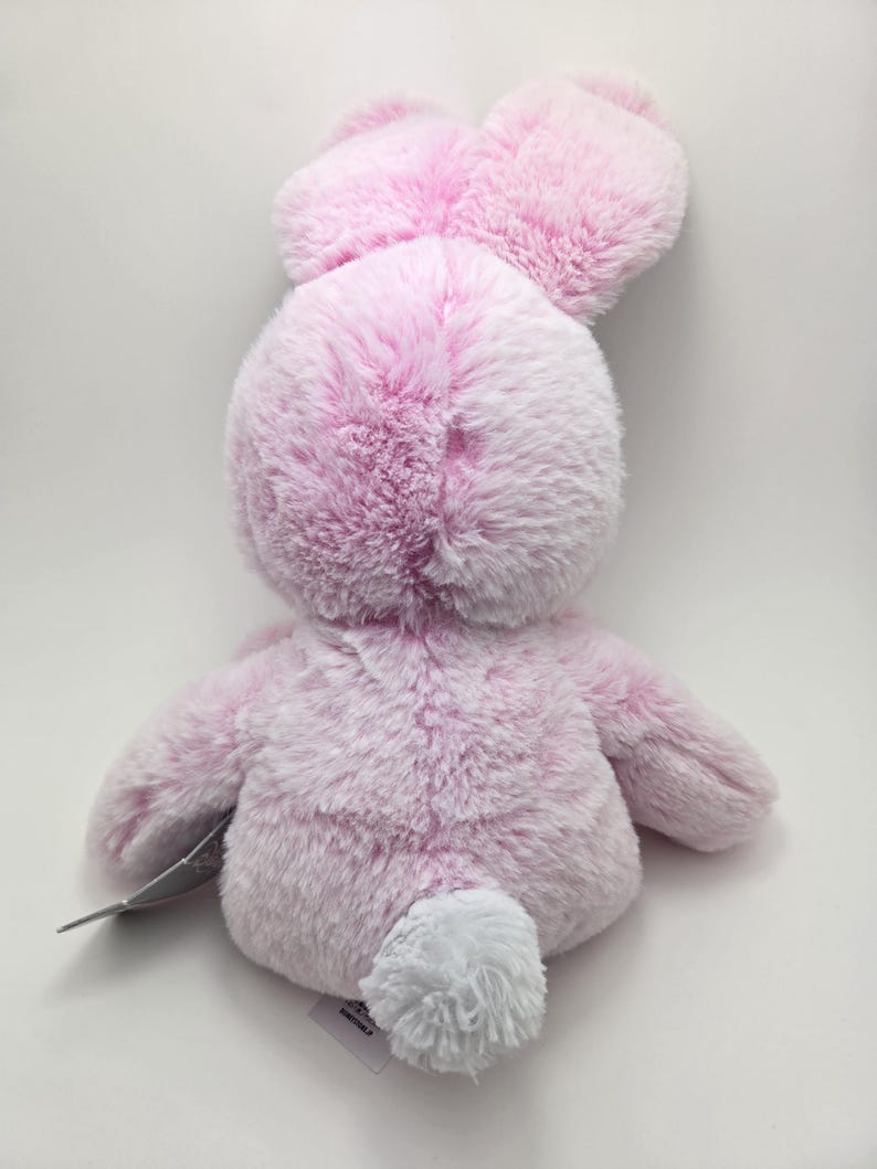 May include: A pink plush bunny rabbit toy with a white fluffy tail. The bunny has a soft, fuzzy texture and is sitting on a white background.