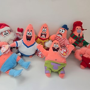 May include: A collection of eight plush toys featuring the character SpongeBob SquarePants in various outfits and poses. The toys are all pink and have a variety of facial expressions. Some of the outfits include a Santa Claus costume, a soccer uniform, a wrestler's outfit, and a muscle-bound bodybuilder.
