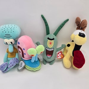 May include: Four plush toys from popular cartoon shows. A blue and yellow octopus, a pink and blue snail, a green and red single-celled organism, and a yellow and brown dog.