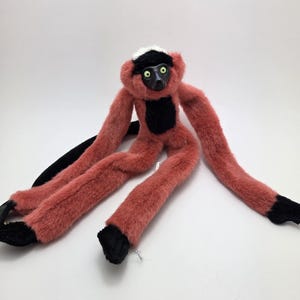 Può includere: Un giocattolo di peluche a forma di lemure con corpo color corallo, mani e piedi neri e viso nero. Il lemure ha una macchia bianca sulla testa e occhi verdi. Il giocattolo è progettato per sedersi con le braccia e le gambe lunghe distese.