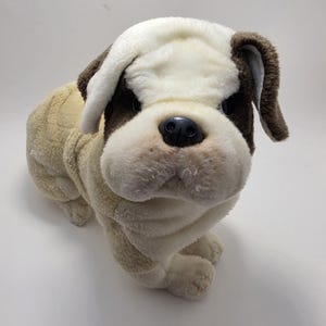 May include: A plush bulldog toy featuring a cream-colored body with brown patches around the ears and eyes. The stuffed animal has a soft, textured fabric surface, a black plastic nose, and dark, round eyes, standing in a quadrupedal position.