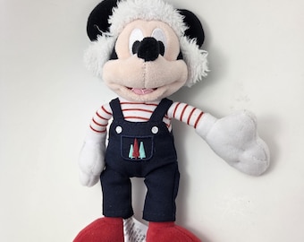Disney Store Holiday Vintage Mickey Mouse Plush Green Hat, Christmas Tree Overalls (8inch)