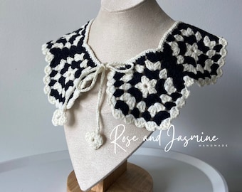 100% Hand-knit Boho Chic Style Black White Crochet Collar, Peter Pan Knitting Collar, Granny Stripe, Mother's day, birthday gift