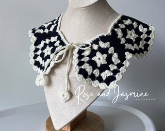 Hand-Knit Black & White Crochet Collar, Boho Chic Granny Square