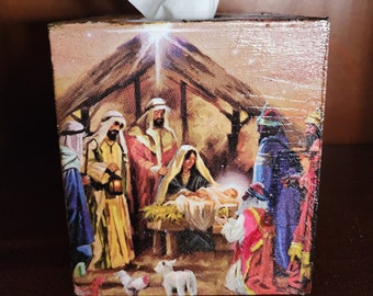 Handmade decoupage wooden tissue box cover, Manger Scene