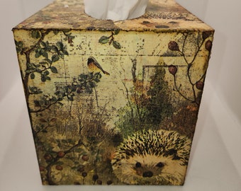Handmade decoupage wooden tissue box cover,  Fall Possum
