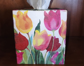 Handmade decoupage wooden tissue box cover, Spring Tulips