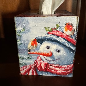 Handmade decoupage wooden tissue box cover, Snowman with Bird
