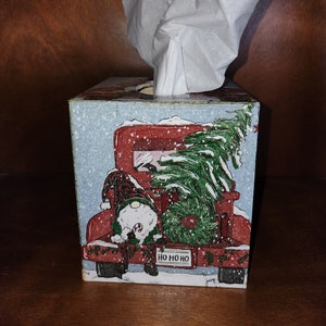 Handmade decoupage wooden tissue box cover, Gnome Christmas Tree Delivery