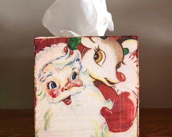 Handmade decoupage wooden tissue box cover, Rustic Christmas, Santa and Reindeer