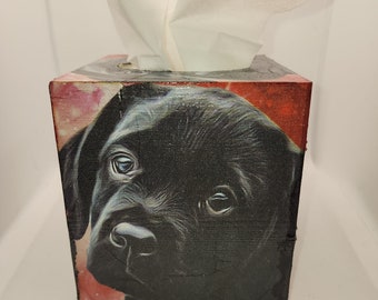 Handmade decoupage wooden tissue box cover,  Black Lab Puppy