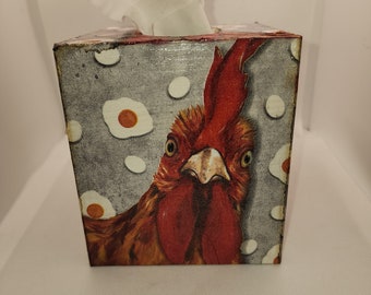 Handmade decoupage wooden tissue box cover, Rooster