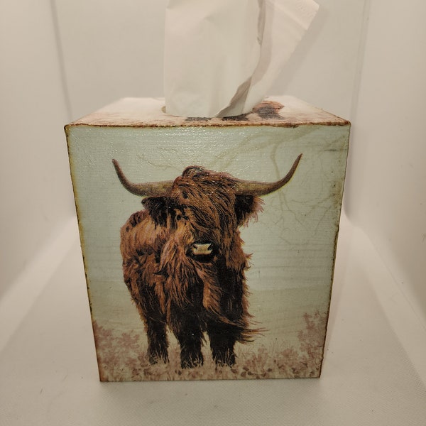 Handmade decoupage wooden tissue box cover,  Highland Cow