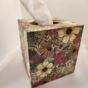 Handmade decoupage wooden tissue box cover, Rustic Flowers