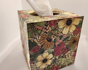 Handmade decoupage wooden tissue box cover, Rustic Flowers