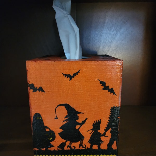 Handmade decoupage wooden tissue box cover, Retro Halloween Trick or Treat