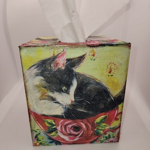 Handmade decoupage wooden tissue box cover, Cup of Kitten