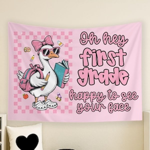 First Grade Classroom Tapestry, Goose Back to School Decor, Checkered 1st Grade Classroom Banner, Classroom Wall Art