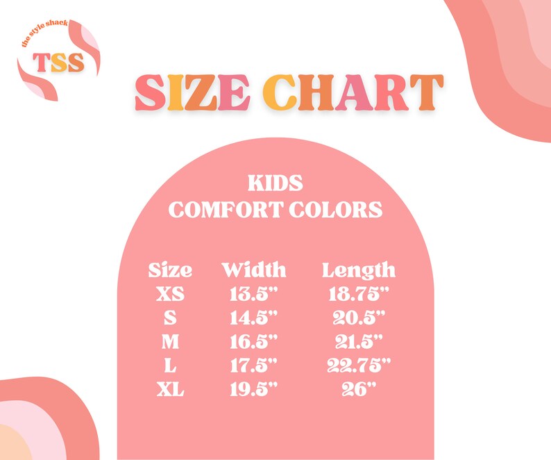 May include: Size chart for kids' clothing in comfort colors. The chart shows sizes XS through XL with corresponding width and length measurements in inches.