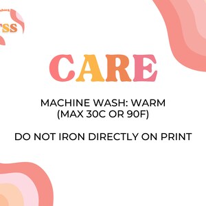 May include: Care instructions for a garment. Machine wash warm, maximum 30 degrees Celsius or 90 degrees Fahrenheit. Do not iron directly on print.