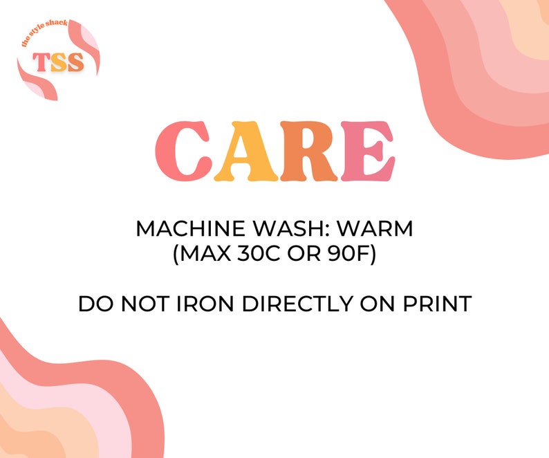 May include: Care instructions for a garment. Machine wash warm, maximum 30 degrees Celsius or 90 degrees Fahrenheit. Do not iron directly on print.