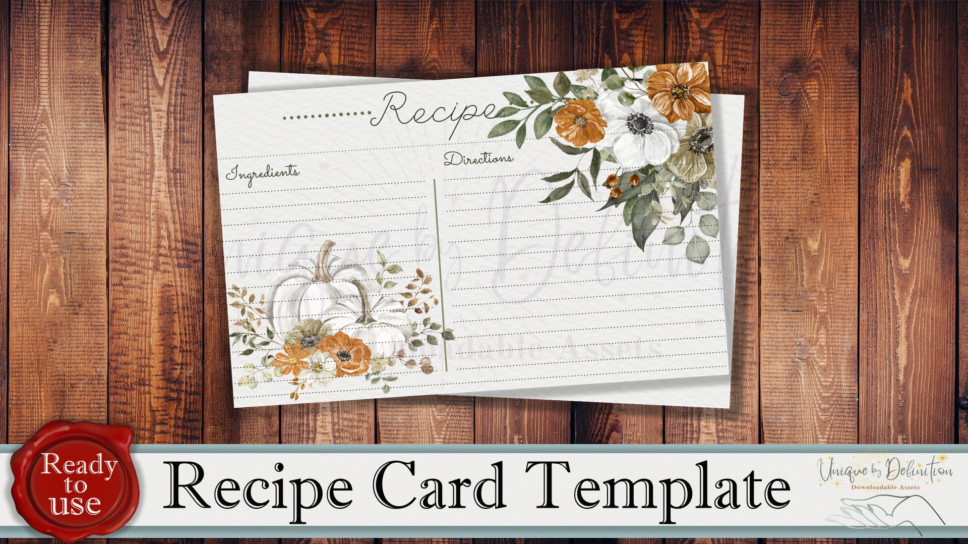 PRINTABLE 4x6 Farm Style Pumpkin and Floral Recipe Card Printable ...