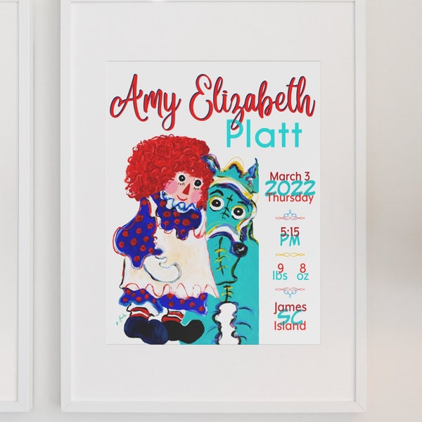 Raggedy Ann Poster Custom Baby Birth Stats Nursery Decor, Baby Gift, Newborn Keepsake, Nursery Art, Child Room Decor, Newborn Baby Wall Art