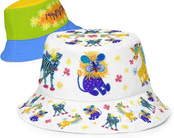 Chapeau de seau réversible à thème Safari, chapeau de seau réversible au design unique, chapeau unisexe. Bob coloré réversible. chapeau d'été