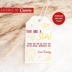 Digital Hollywood Movie Star Teacher Appreciation Gift Tag|Editable Canva Template|You are a Star Appreciation Gift Tag|Digital download
