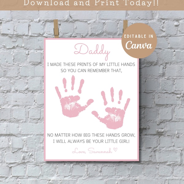 Daughter Handprint Father's Day Craft|Elementary/Preschool Handprint Keepsake|Editable Canva Template|Daddy Daughter|Daddys Little Girl
