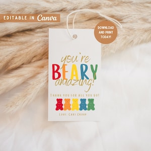 Je bent Beary geweldig bedankje cadeaukaartje | Bewerkbare digitale cadeautag | Cadeaukaartje voor waardering van medewerkers | Gummy Bear Waarderingsteken
