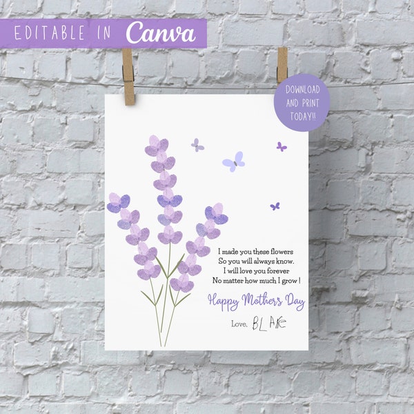 Digital Lavender Fingerprint Mothers Day Craft|DIY Elementary/Preschool Mothers Day Craft Keepsake | Editable Digital Download