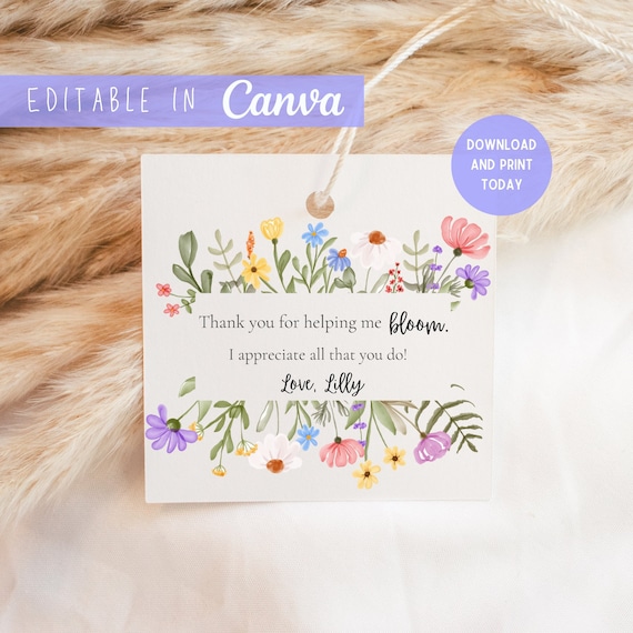 Floral Teacher Appreciation Gift Tag: Editable Canva Template (Digital Download)