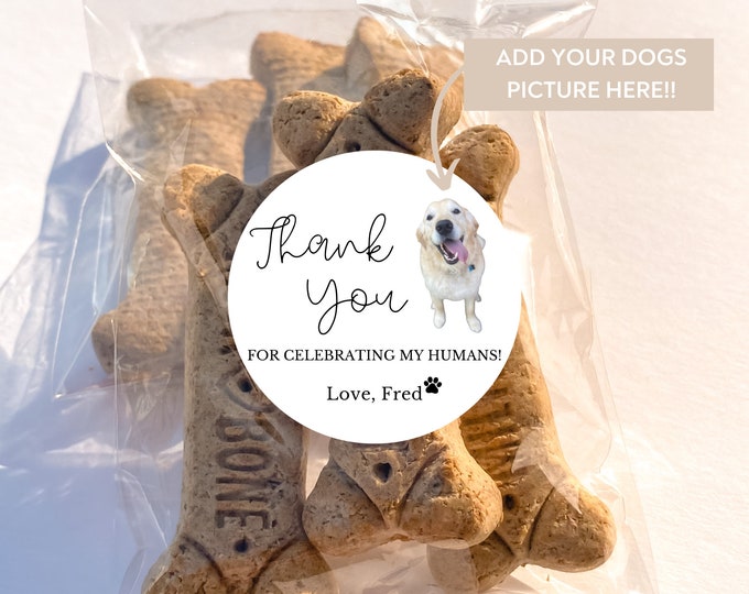 Personalized Dog Treat Wedding Favors: Custom Photo Sticker Bags. Thank You For Celebrating Our Humans.